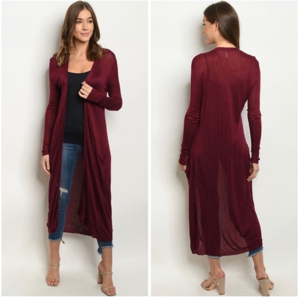 Lightweight long open front cardigan with pockets